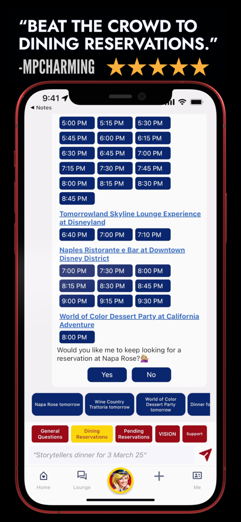 MouseWait for Disneyland - MouseWait for Disneyland app interface showing dining reservation times and AI assistant concierge.