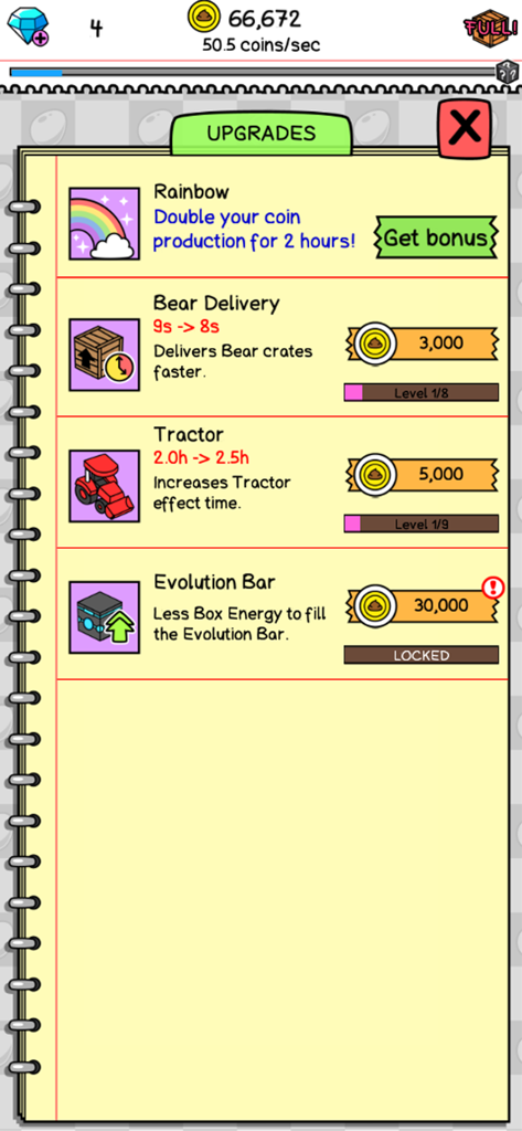 Upgrades menu in Bear Evolution showing options for Bear Delivery Tractor and Rainbow bonuses