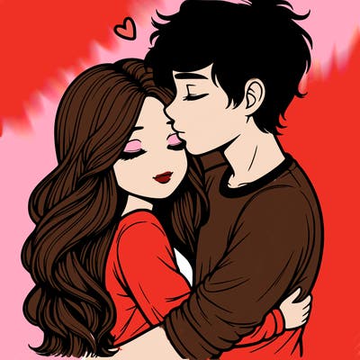 a realistic couple boy and girl hugging and kissing