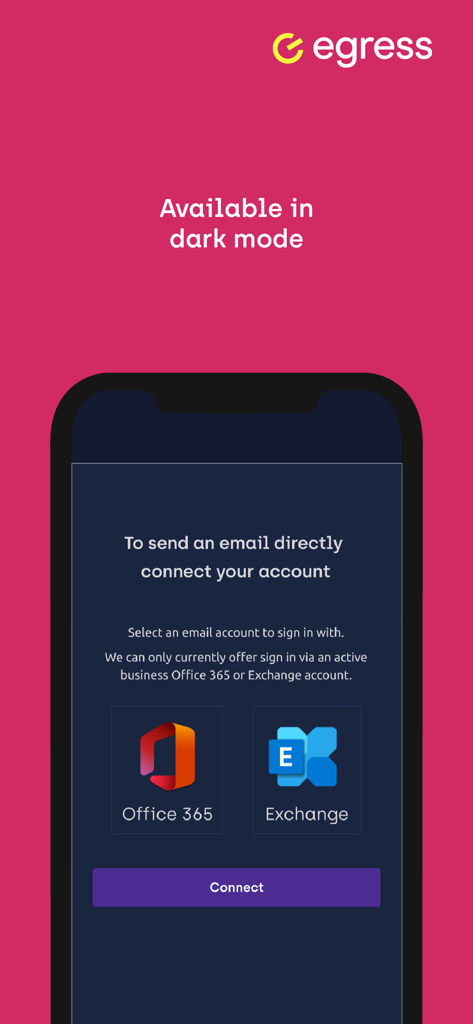 Egress Secure Mail dark mode interface for connecting Office 365 and Exchange accounts.
