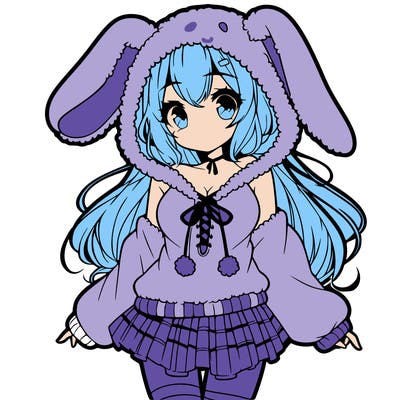 pretty anime girl wearing a fluffy hoodie with bunny ears on the hood and a skirt