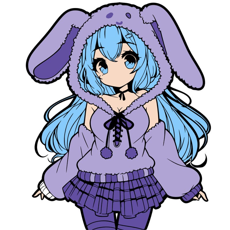 pretty anime girl wearing a fluffy hoodie with bunny ears on the hood and a skirt