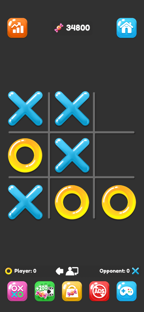 Tic Tac Toe: XOXO - Tic Tac Toe XOXO game board with glossy blue X and yellow O symbols and candy currency display