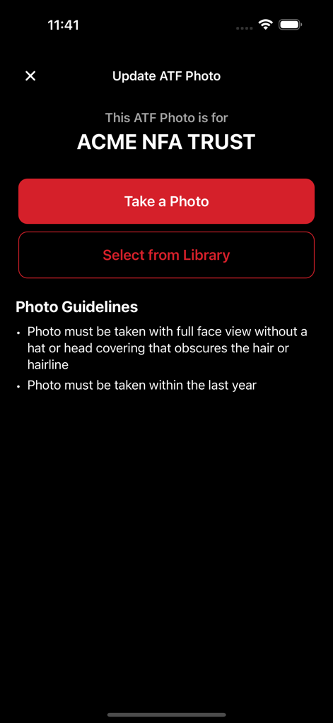 Silencer Shop - The update ATF photo screen in the Silencer Shop app showing photo guidelines and upload options for an NFA Trust.