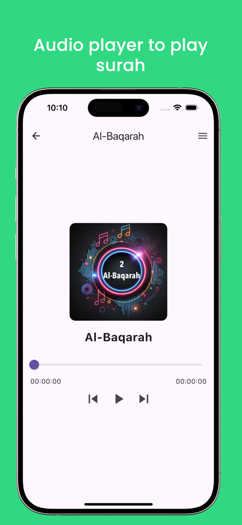 Quran App - English - Interface do player de áudio do app Alcorão para a Sura Al-Baqarah com controles de reprodução