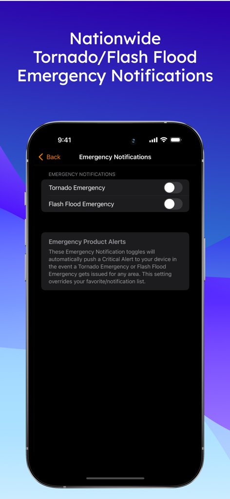 AlerWX - Pantalla de configuración de la aplicación AlerWX para notificaciones de emergencia de tornados e inundaciones repentinas