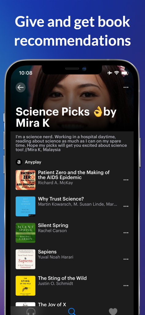Anyplay mobile app interface showing a list of curated science audiobooks recommended by a user.