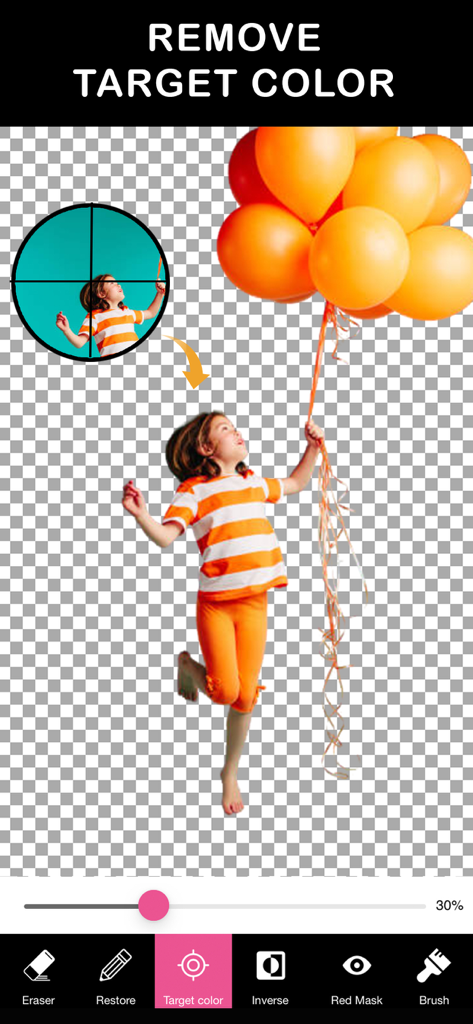 Interface of the Eraser Background app showing the target color removal tool to create a transparent background for a photo.