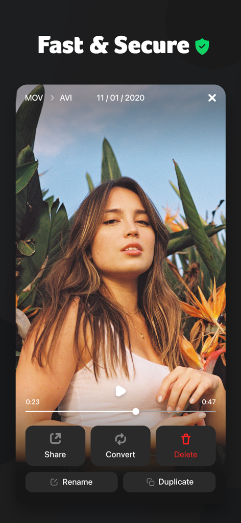 Interface of the MP3 Converter app showing options to share convert and delete a video file