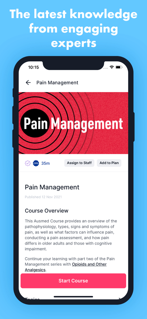 Ausmed - CE Portfolio App - Pain management course overview within the Ausmed healthcare education app
