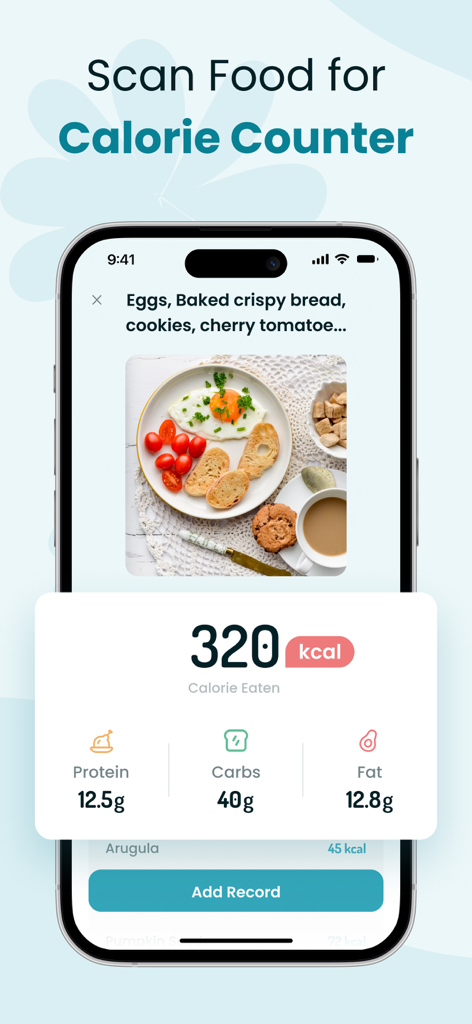 Interfaz de la aplicación HealthBit que muestra una función de escaneo de alimentos para el seguimiento de calorías y nutrientes.