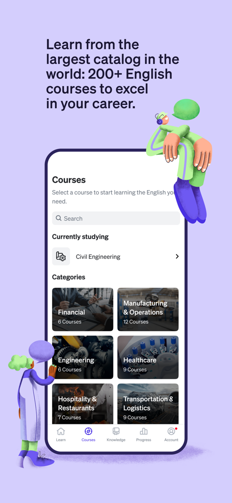 Slang: Professional English - Interface of the Slang app showing a catalog of over 200 professional English courses categorized by industry such as Engineering and Healthcare.