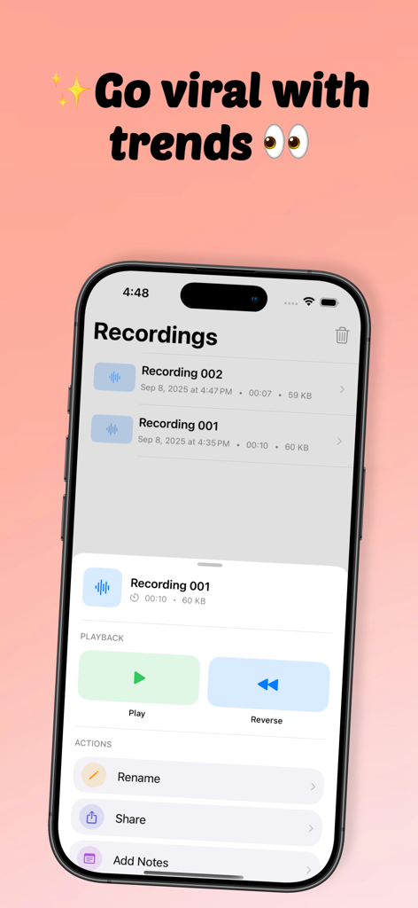 Reverse Audio - Sing & Record - A mobile interface showing a list of audio recordings with playback and reverse options.