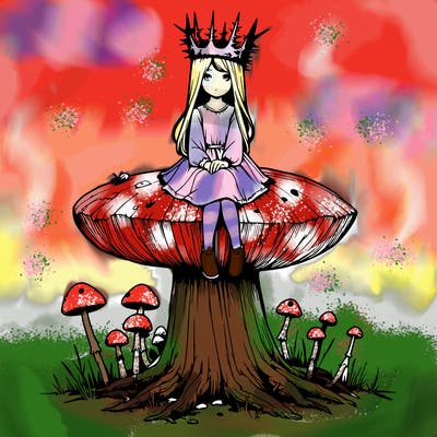 realistic girl sitting on a huge tree stump size toadstool with thorn crown