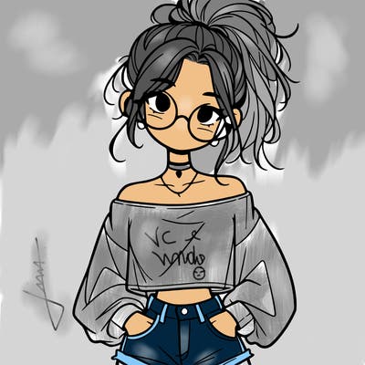 girl with a messy ponytail glasses a baggy crop top and jean shorts