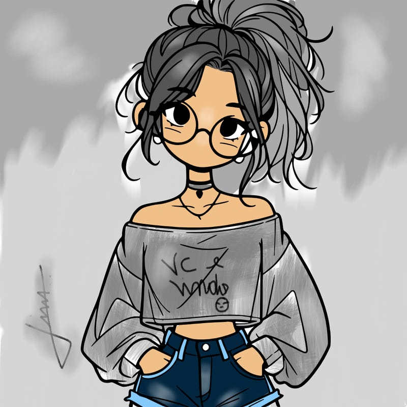 girl with a messy ponytail glasses a baggy crop top and jean shorts