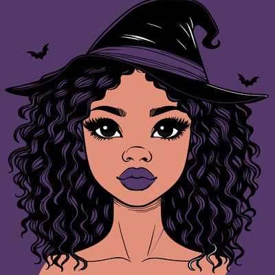 realistic black girl with wavy hair and witch hat and nose and lips