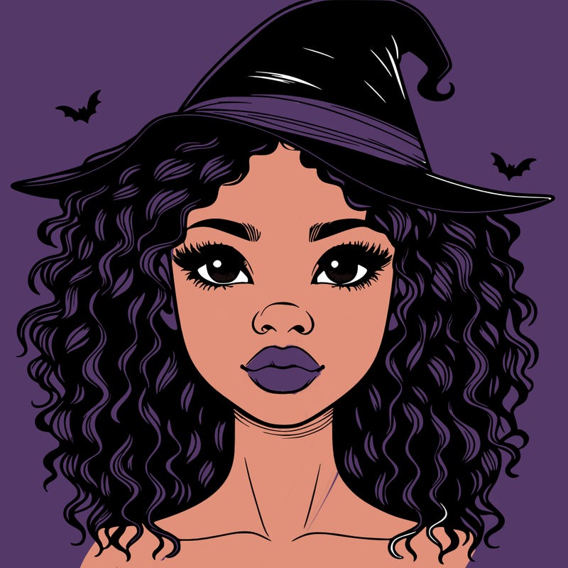 realistic black girl with wavy hair and witch hat and nose and lips