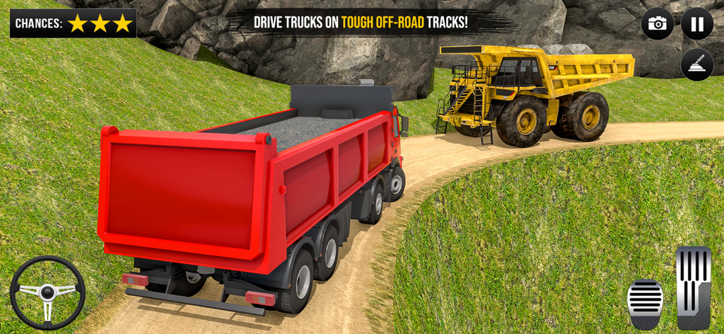 Red dump truck and yellow haul truck on a dirt road in a simulation game.