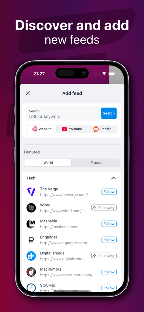 Cupfeed : News & RSS reader - Interface of the Cupfeed app showing how to discover and add new RSS feeds from websites and YouTube.