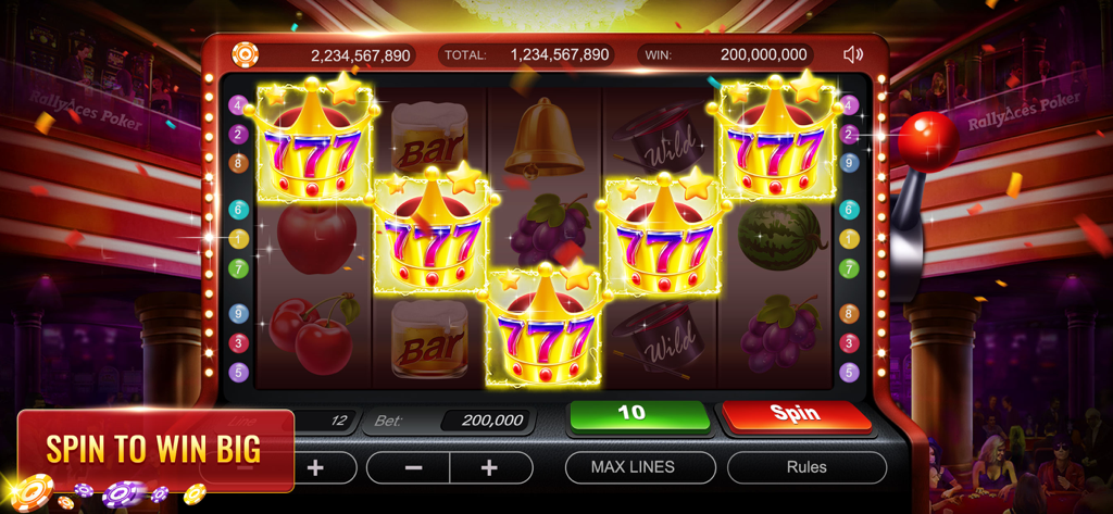 RallyAces Poker - Texas Holdem - Schermata di un gioco di slot machine in RallyAces Poker che mostra una combinazione vincente di simboli 777 corona.