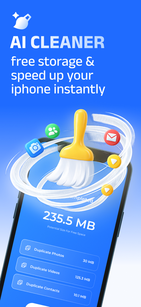 Screenshot of AI Cleaner app showing potential storage space to free up on an iPhone.