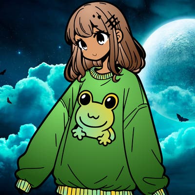 girl wearing frogging sweatshirt