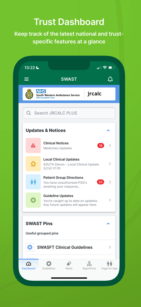 JRCALC PLUS - JRCALC PLUS app trust dashboard displaying clinical notices and medical guideline updates for paramedics