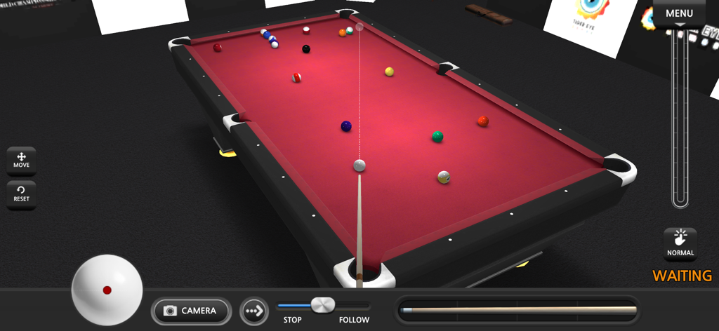 A 3D mobile billiards game featuring a red pool table and a cue stick aimed at a white cue ball.