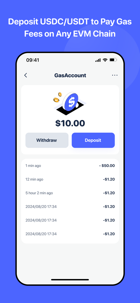 Interface of the Rabby Wallet app showing a GasAccount with a ten dollar balance and options to deposit USDC or USDT for paying transaction fees.