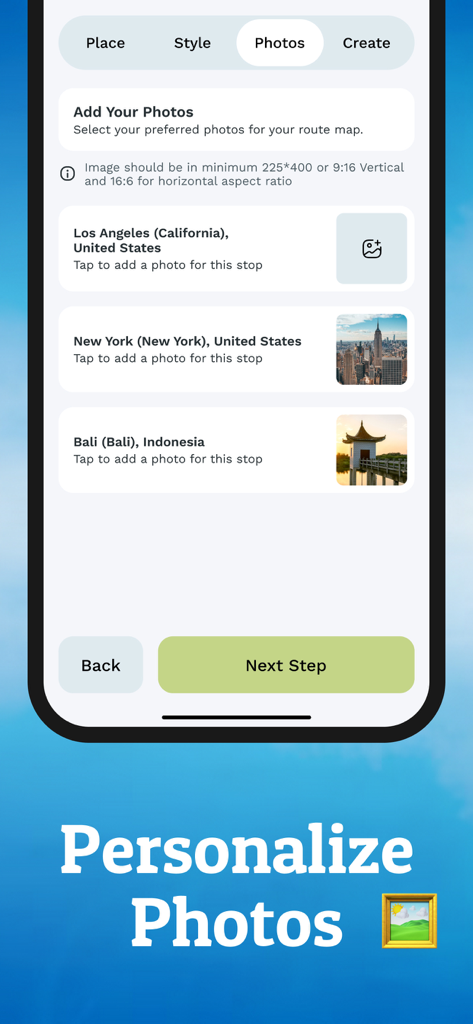 Travel Animator - Travel Video - App interface showing how to add custom photos to specific locations on a travel route animation