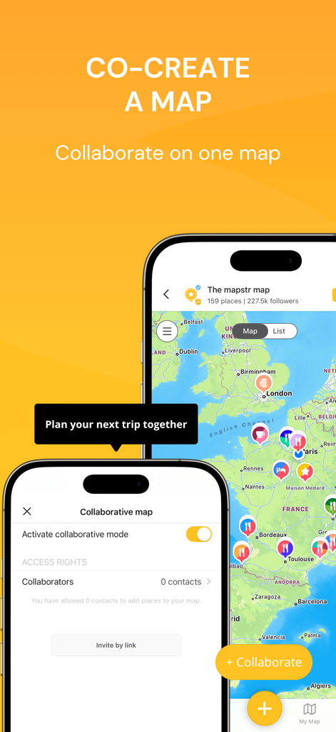 Mapstr – Save & Follow Places - Mapstr app interface demonstrating collaborative map mode and trip planning features with friends