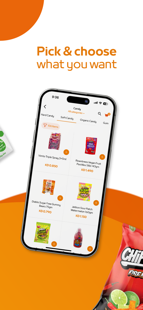 Trolley – ترولي - Trolley app mobile interface showing a variety of candy products with prices and add to cart buttons