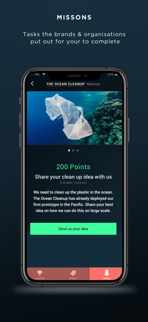 Pantalla móvil que muestra misiones de Brandbassador donde los usuarios pueden ganar puntos por completar tareas para marcas como The Ocean Cleanup.