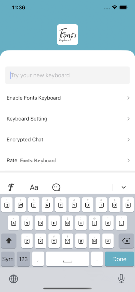 Fonts Keyboard - A screenshot of the Fonts Keyboard app interface showing the custom font keyboard and main settings menu.