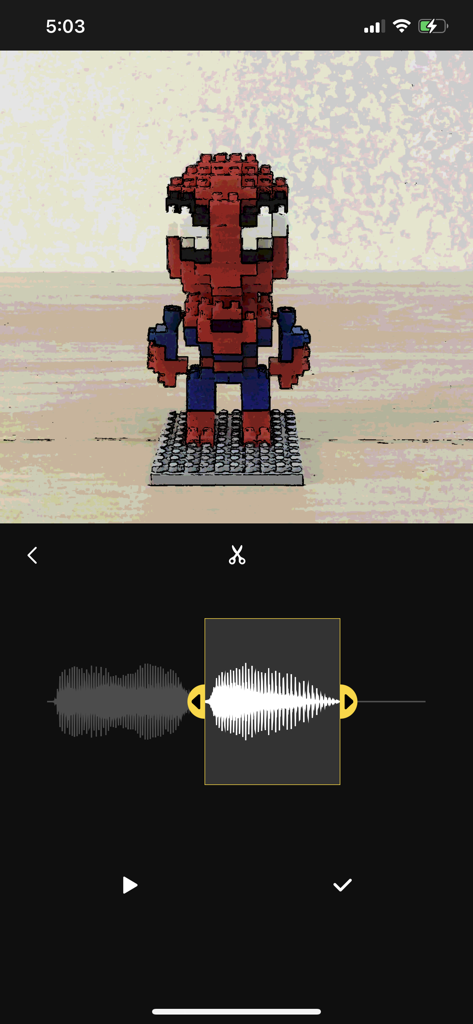 Interface of Stop Motion Factory showing an audio waveform being trimmed for a LEGO Spider-Man animation
