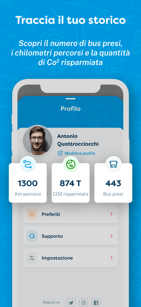 Cotral: trasporti nel Lazio - 移動距離と節約されたCO2排出量を示すCotralアプリのユーザープロファイルページ