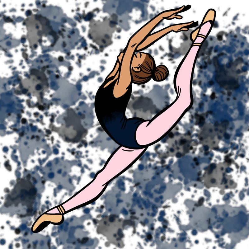 gymnast doing a leap in a leotard with a bent back leg