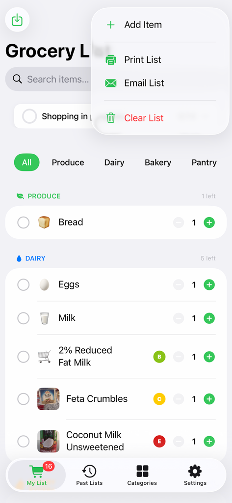 Grocery/ShoppingList - Mobile interface of a grocery list app showing food categories and Nutri-Score ratings for items like milk and eggs.