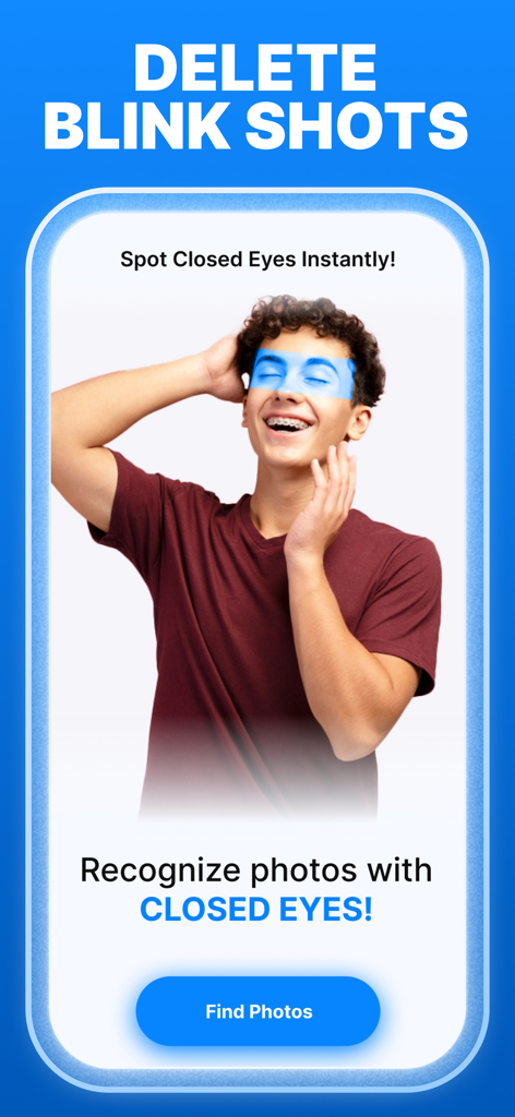 Cleaner Pro app interface showing the feature to detect and delete photos with closed eyes