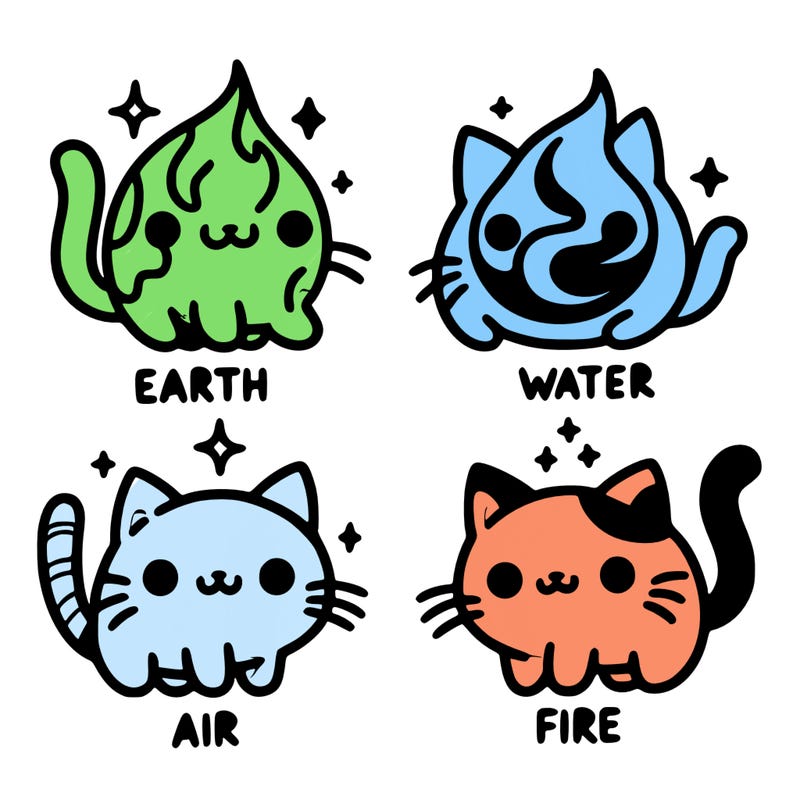4 cats that represent the different elements, earth, water, air, and fire