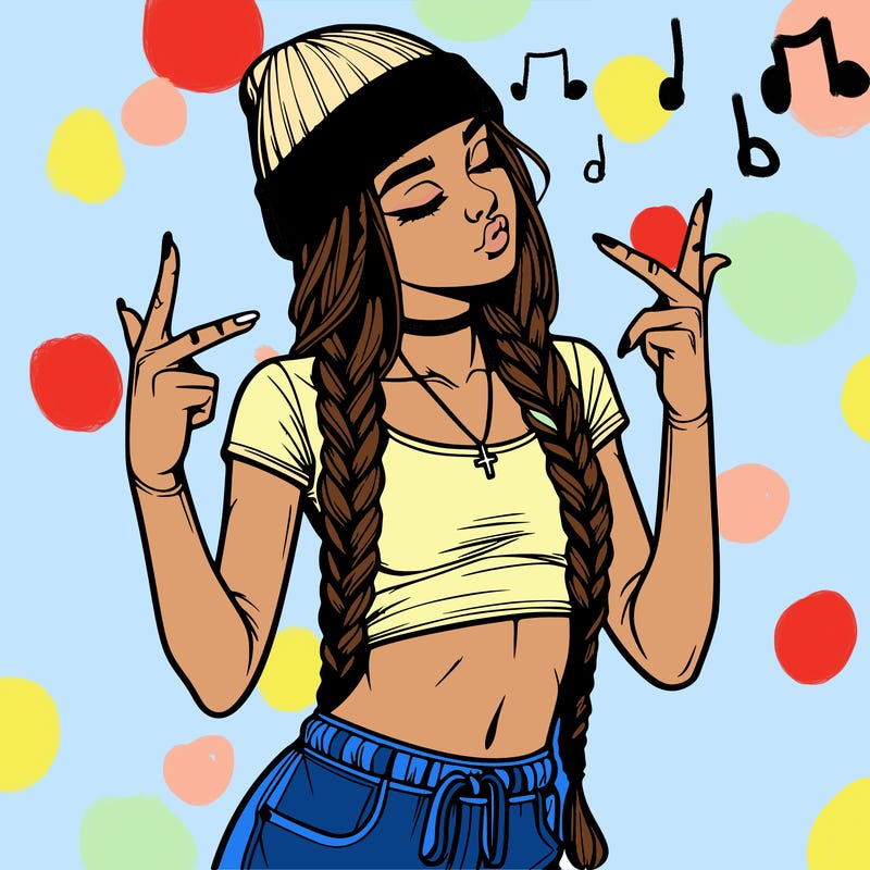 realistic teenage girl with braids and a beanie and crop top doing 🫶🏼
