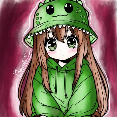 girl with anime shaped eyes with a dinosaur bucket hat oversized sweatshirt long straight hair