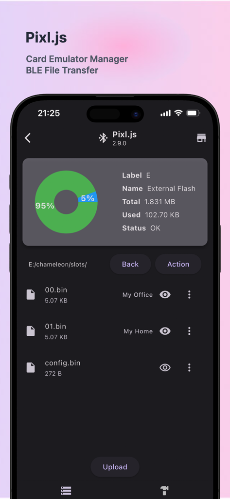 MTools BLE app interface showing Pixl.js card emulator manager with storage statistics and binary files list.