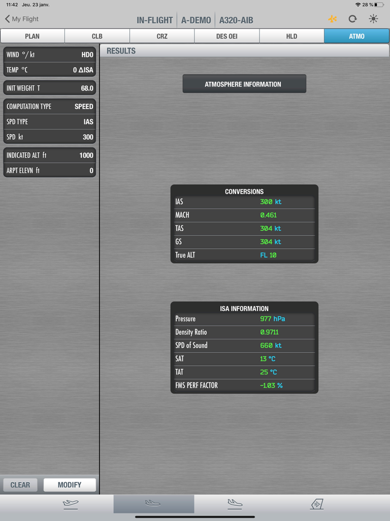 Flysmart+ InFlight - Interface of the Flysmart plus InFlight app displaying atmospheric calculations and flight performance conversions on an iPad