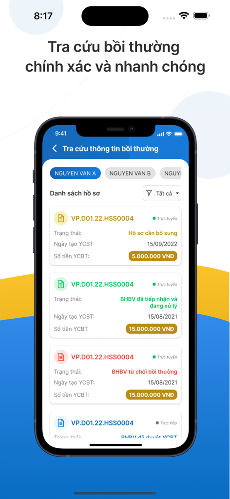 Baoviet Direct - Interface de l'application mobile Baoviet Direct affichant une liste des statuts de sinistres d'assurance et des informations de suivi