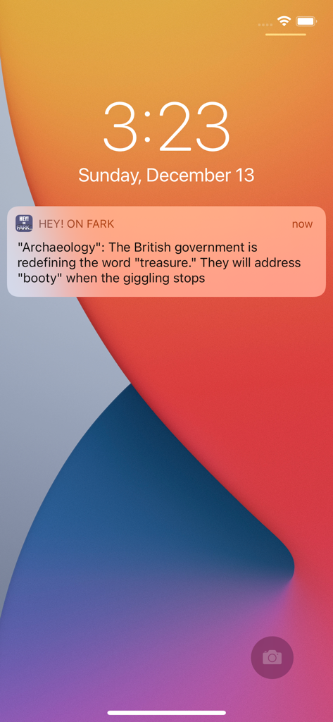 iPhone lock screen showing a sarcastic news notification from the Hey on Fark app