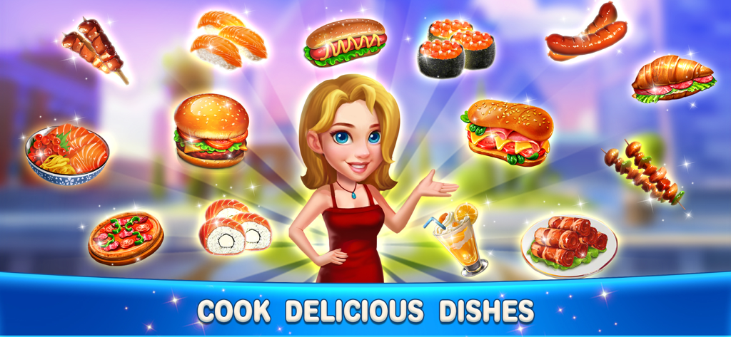 Happy Cooking 3: Cooking Games - A female chef character surrounded by a variety of international food items including sushi, burgers, and pizza
