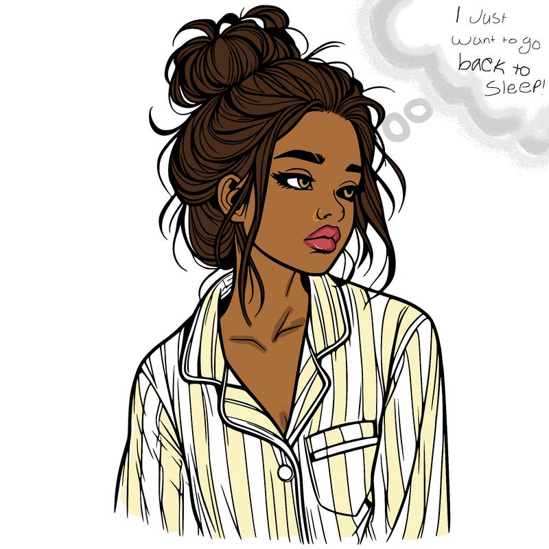 realistic woman with pajamas on and a messy bun