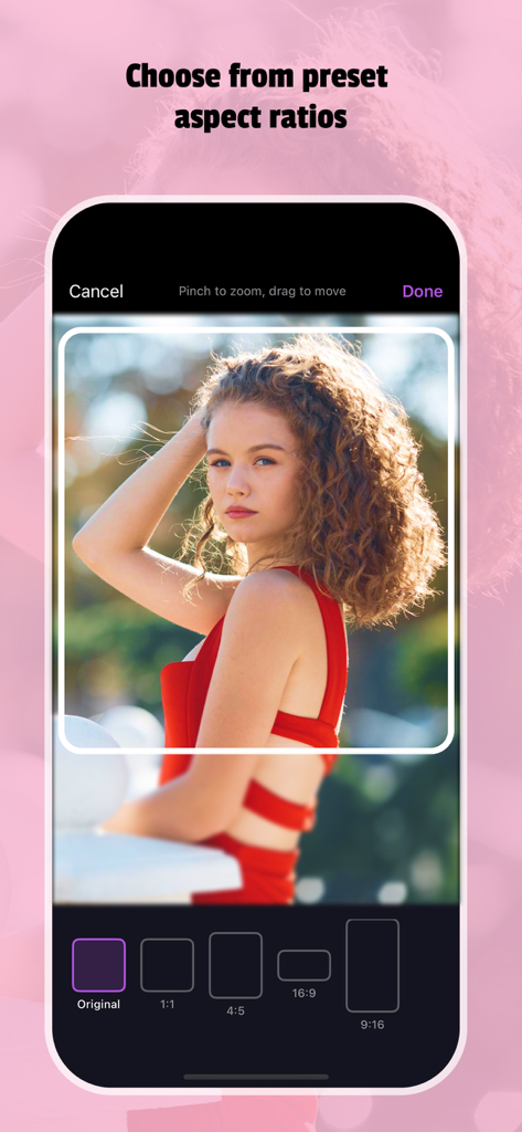 Photo Edit Studio+ - Interfaz de aplicación móvil mostrando varias relaciones de aspecto preestablecidas como 1:1 y 16:9 para recortar una foto de una mujer.